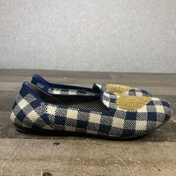Rothy’s Big Girls Size 3 Gingham Loafers Gold Glitter Heart Plaid Ballet Flats - Picture 1 of 10